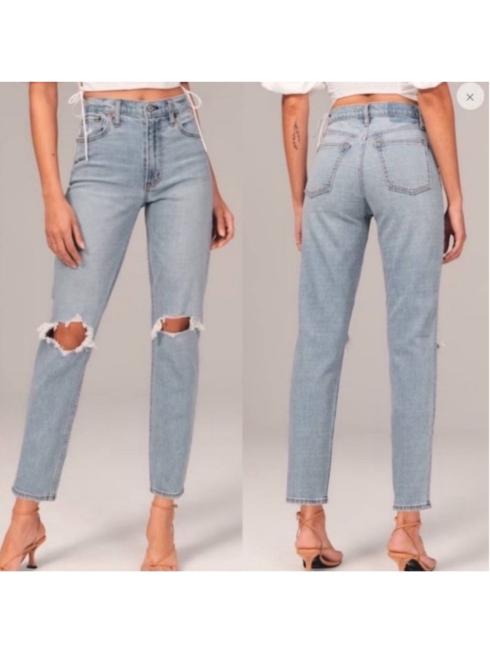 Abercrombie & Fitch High Rise Mom Jeans Light Blue Ripped Knees Relaxed AF 4 27 - Picture 2 of 11
